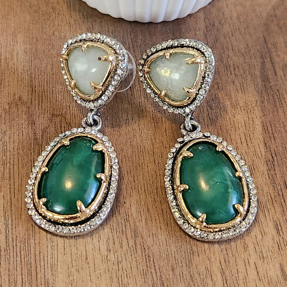 Green Faux Emerald Crystal Halo Drop Earrings Mixed Metal Statement Dangle 1.75"